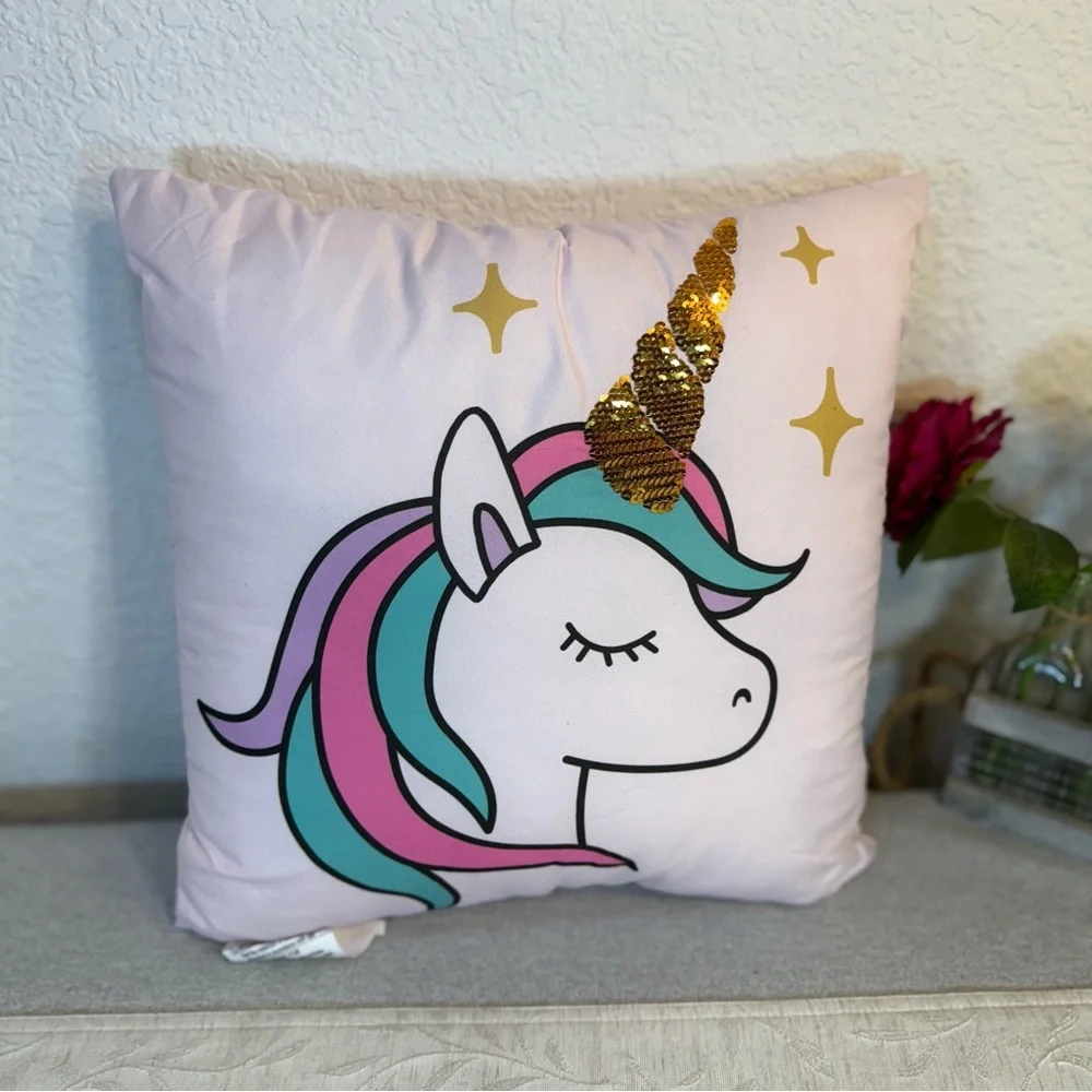 Decorative Unicorn Pink/Purple Pillow‎ Girls Room. 16” x 16” x 6